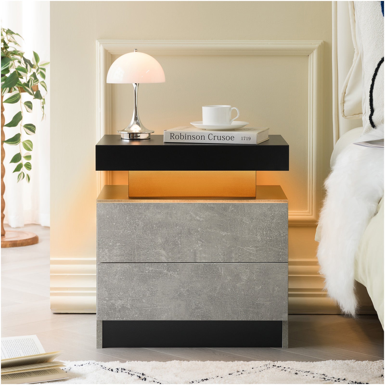Modern LED Nightstand Bedside Table with 2 Drawers