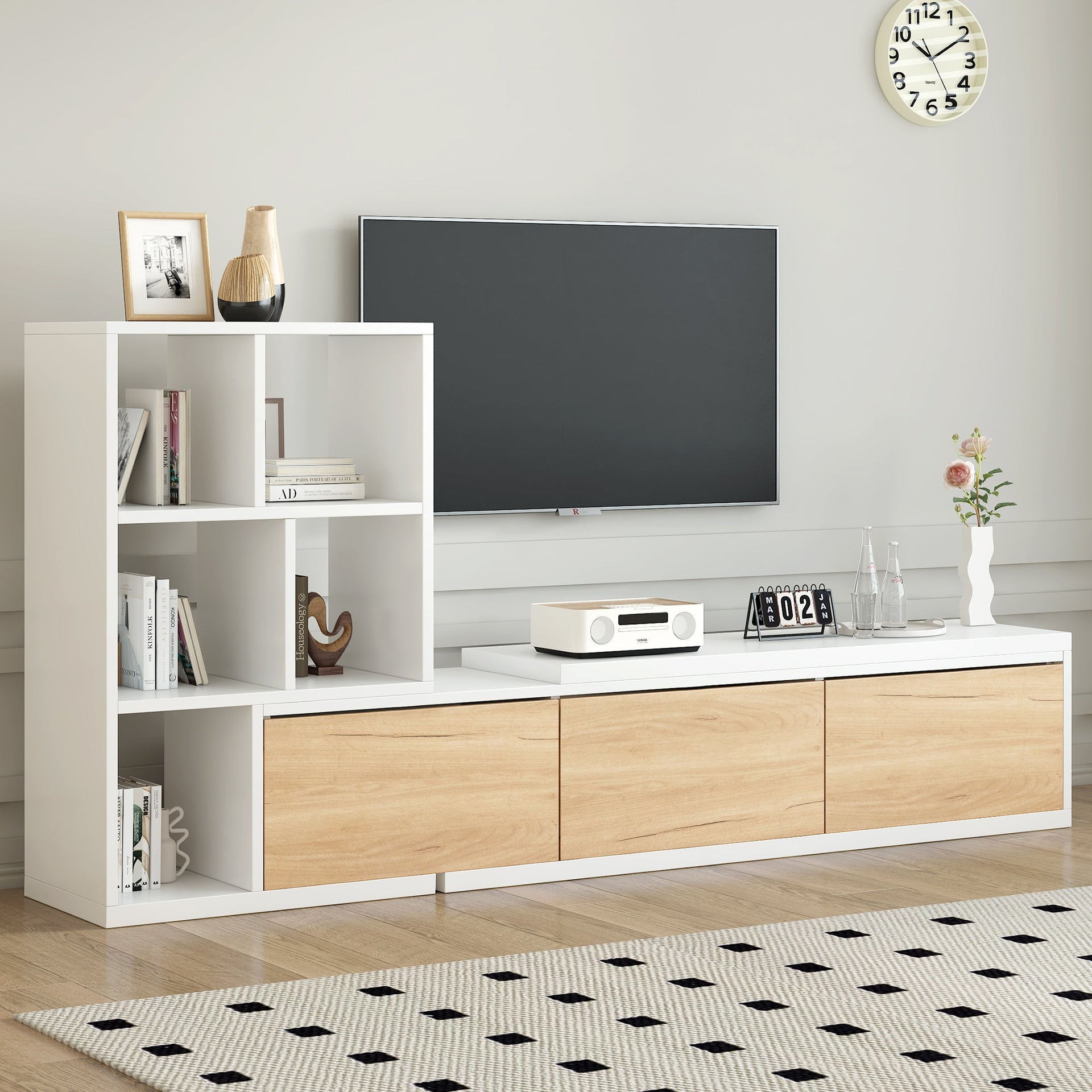 Close-up of Buddify Extendable TV Stand with 3 Tier Bookshelves, highlighting wood-tone drawers and open shelving for modern living rooms.