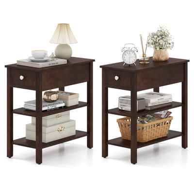 3-Tier Narrow End Table with Drawer and Storage Shelves Set of 2-Walnut