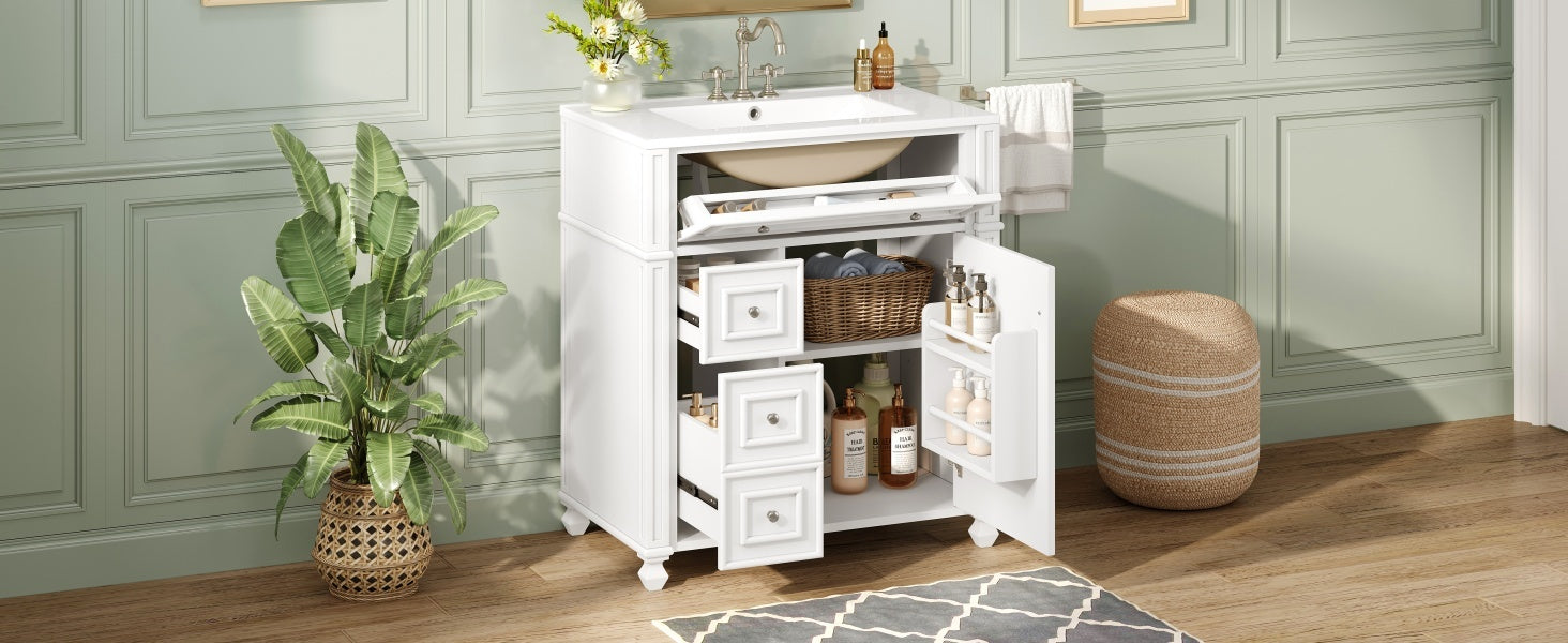 Bathroom Vanity with Ceramic Sink Basin, Cabinet with Soft-Close Doors and Organizer