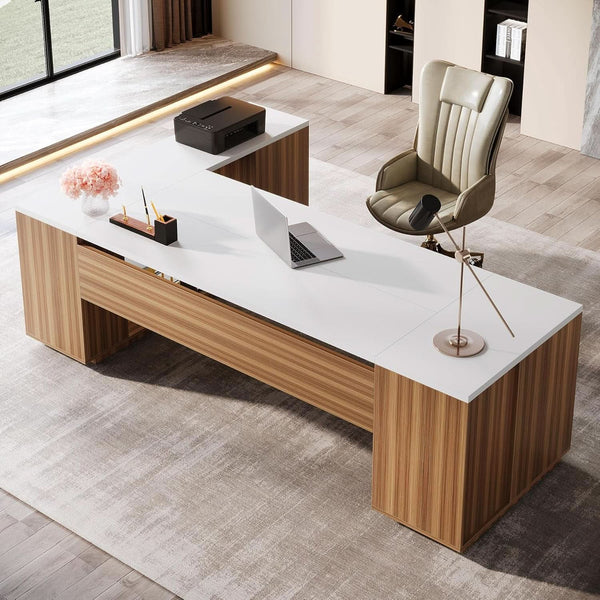 85 Point 8 Inch L-Shaped Executive Desk White Walnut Storage Cabinet