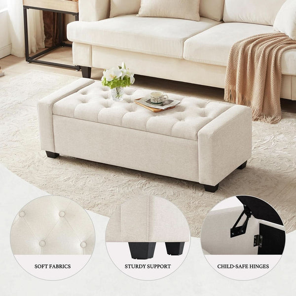 48 Inch Storage Unit Ottoman Bench Upholstered Beige