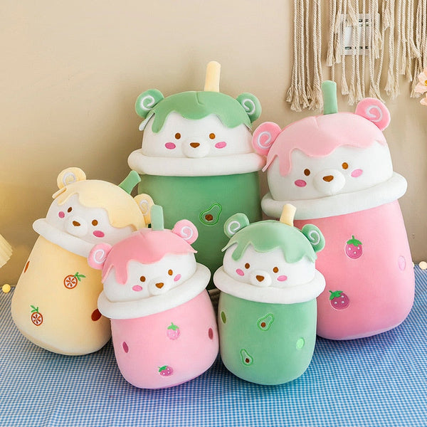 25-40cm Cute Cartoon Teddy Bear Bubble Tea Cup Shaped Pillow Plush Toys Real-life Stuffed Soft Back Cushion Funny Boba Food
