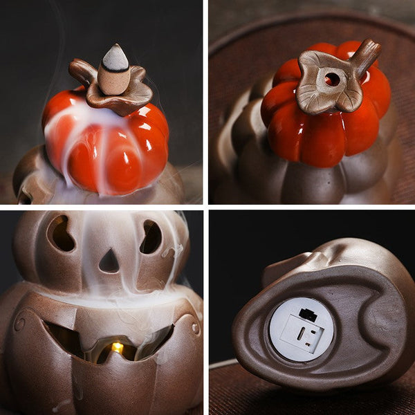 LED Lamp Pumpkin Halloween Waterfall Backflow Incense Burner