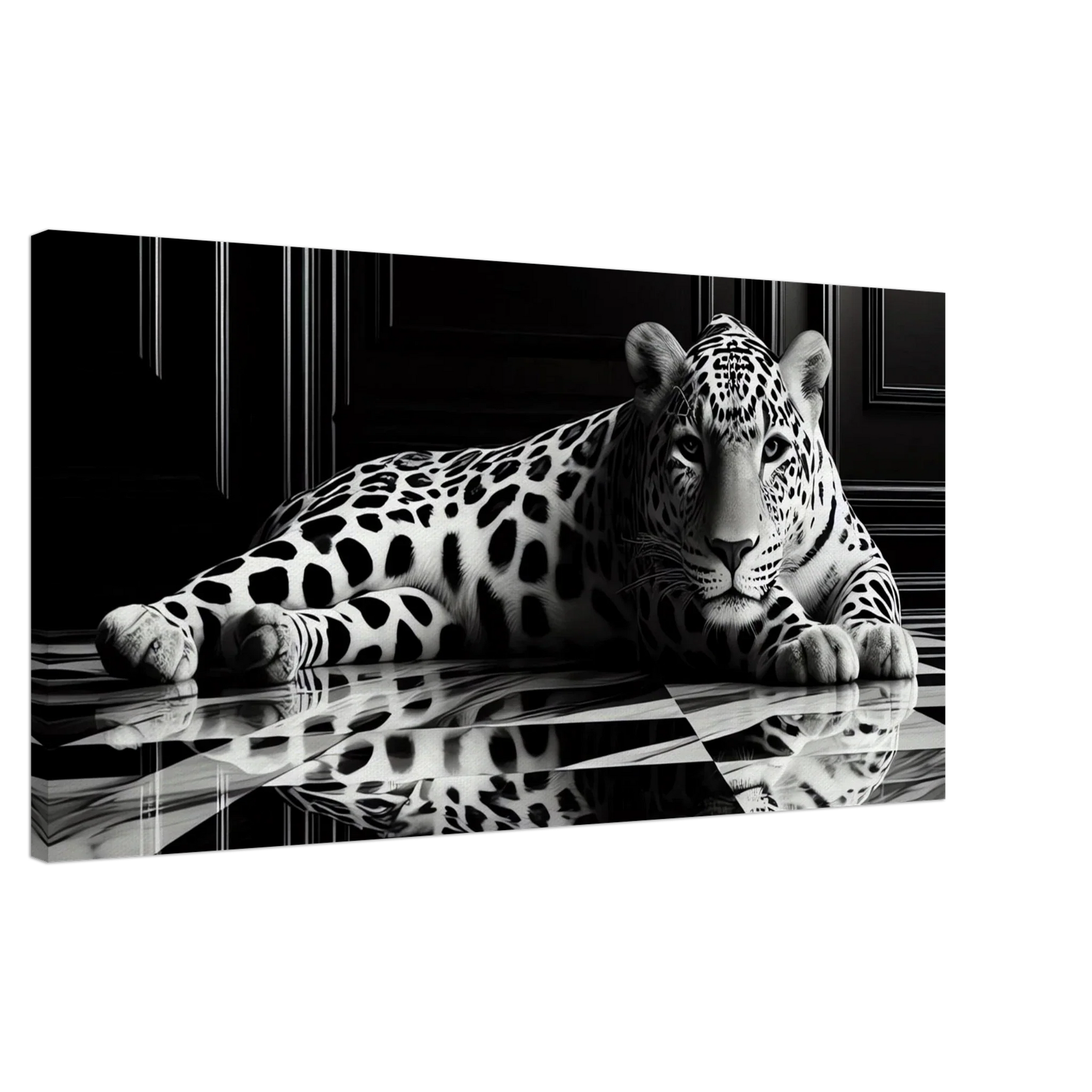Leopard Canvas Art Print – Striking Design on Black & White Checkered Marble Floor
