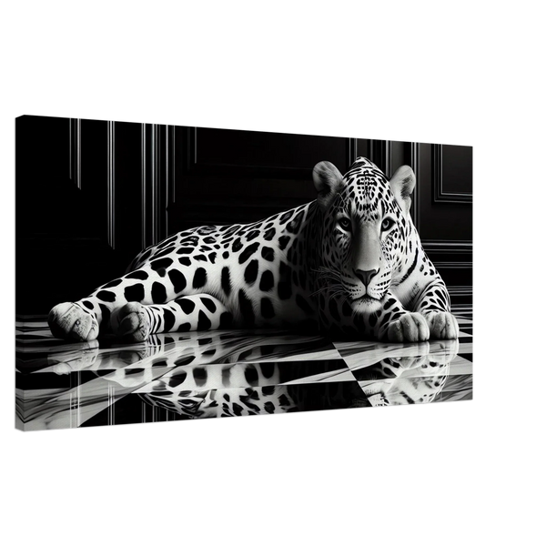 Leopard Canvas Art Print – Striking Design on Black & White Checkered Marble Floor