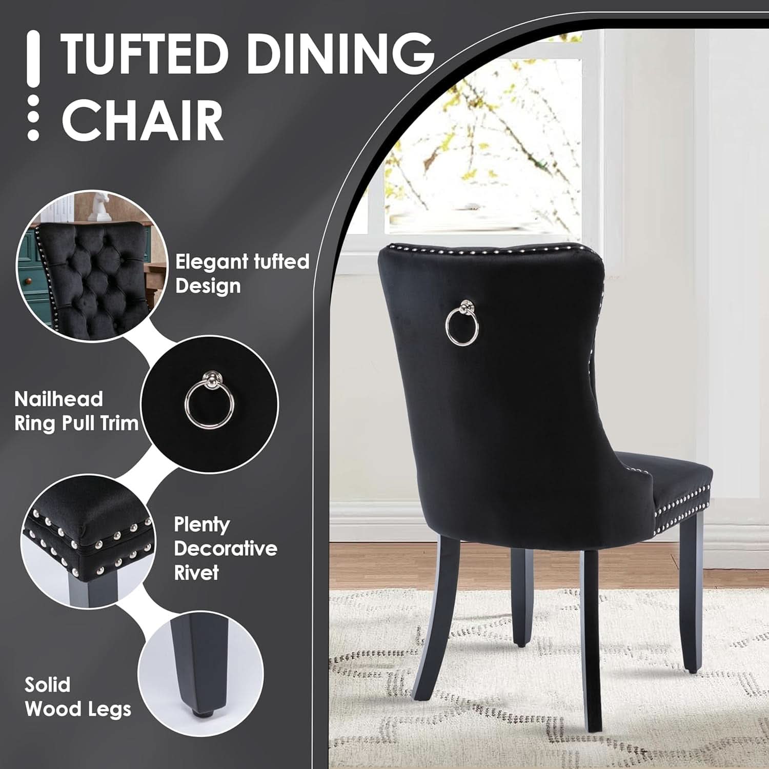 BlackGlassDiningSetForFourTuftedChairsWithNonSlipFeet