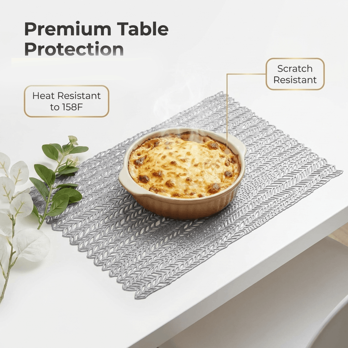 PVC Placemats - Silver Set of 6 | Heat Resistant Non Slip Table Mats for Dining