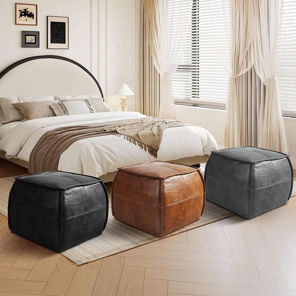 Genuine Full Grain Leather Ottoman Memory Foam Pouf Black