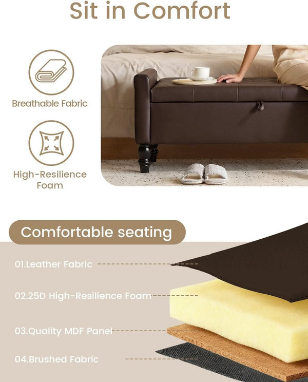 Brown Genuine Leather Storage Ottoman Bench Bedside