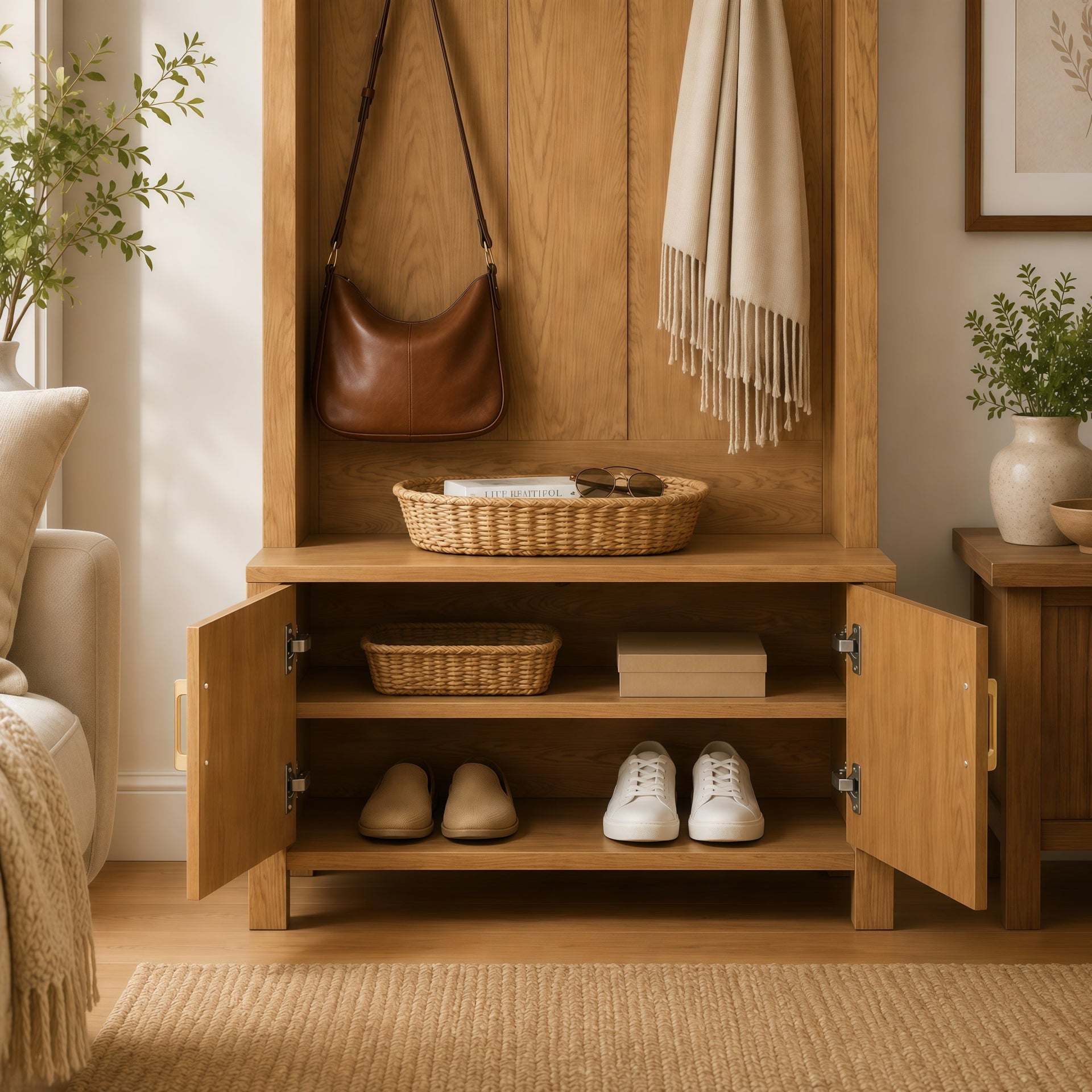 Farmhouse Hall Tree with Storage Bench & Cabinet – Entryway Organizer with Coat Hooks
