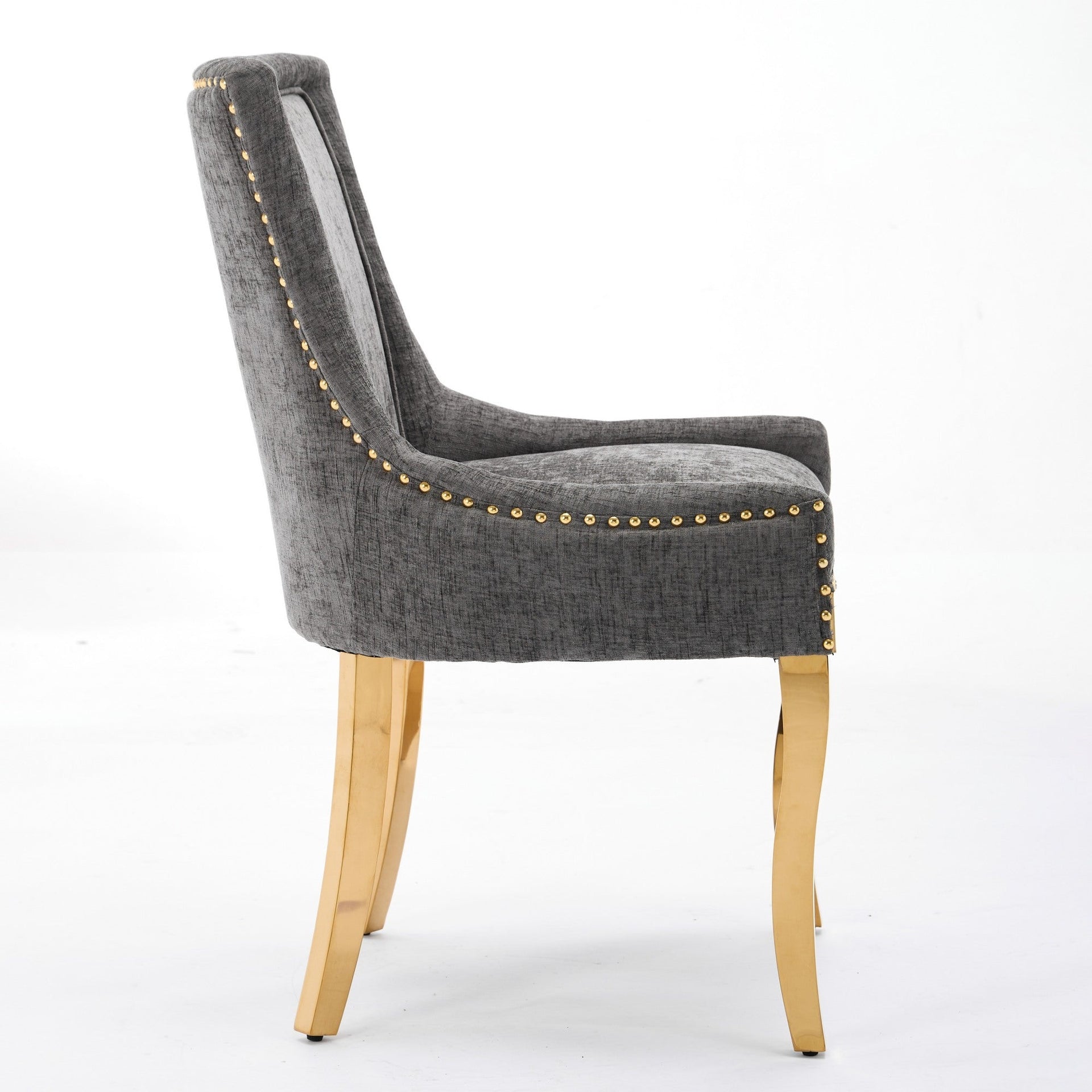 Chenille Dining Chairs Modern Style with Curved Gold-Plated Legs & Rivet Trim