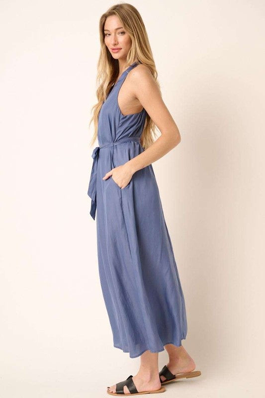 Cross Back Belted V-Neck Tank Maxi Dress For Women – Effortlessly Chic Elegant and Flattering Maxi Dress with Unique Cross Back Detail