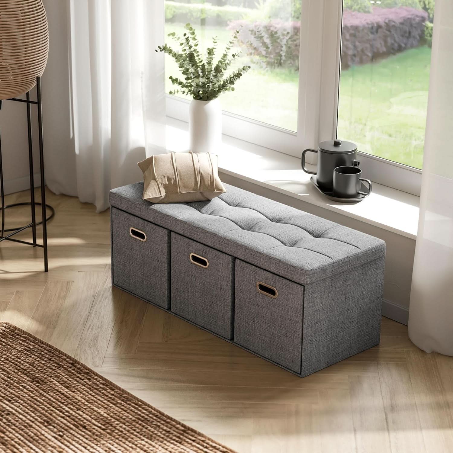 Oversized Forty Inch Gray Storage Ottoman With Drawers
