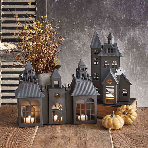 Vintage Frankenstein Castle Halloween Metal Tealight Luminary