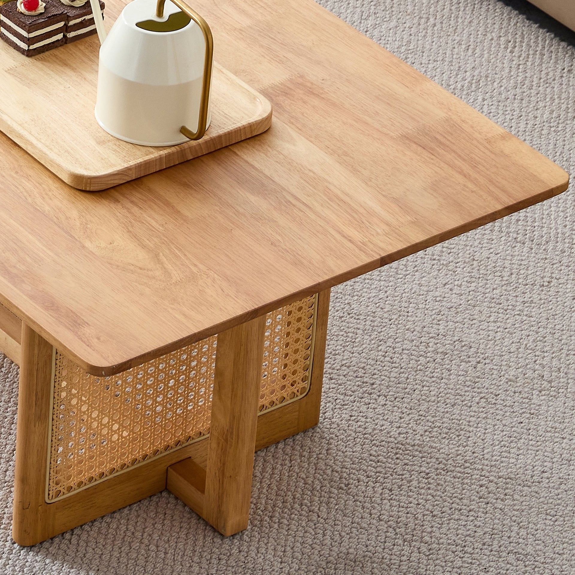 Natural Rubberwood and Solid Wood Coffee Table with Rattan Weave, Modern Minimalist