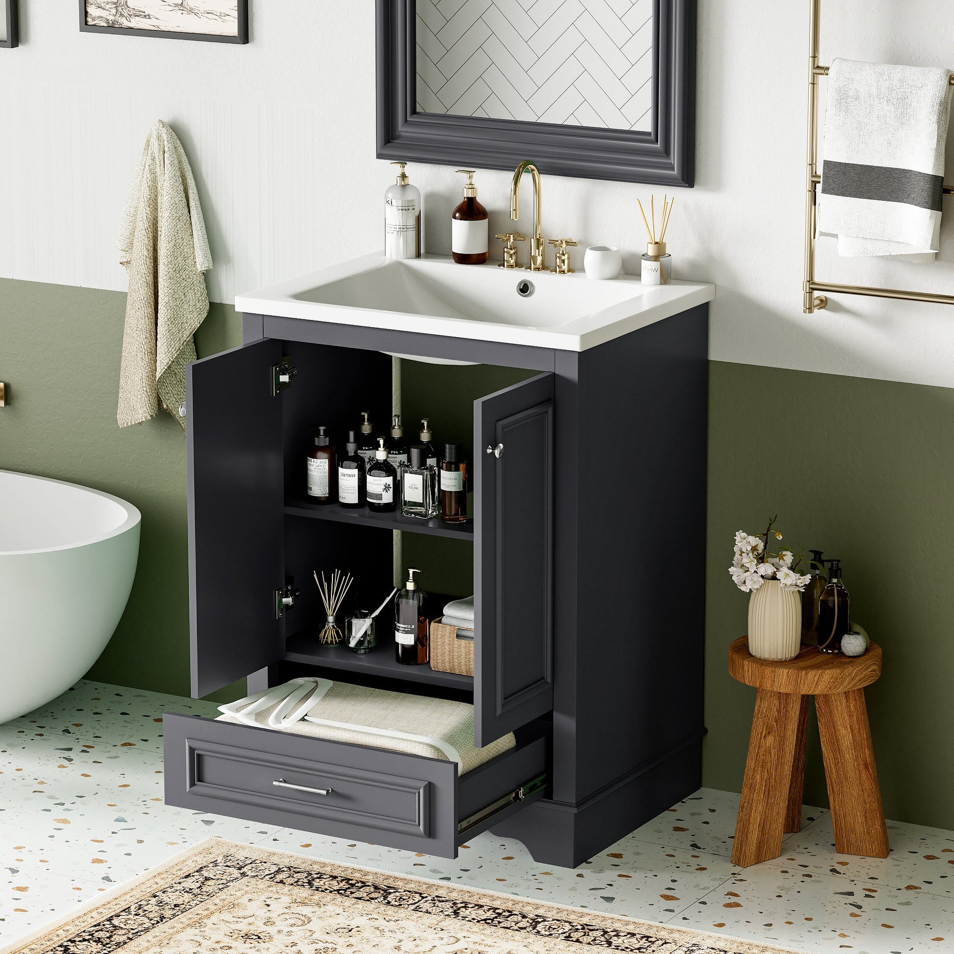 Bathroom Vanity with Ceramic Sink and Modern Freestanding Storage Cabinet, Soft-Close Doors