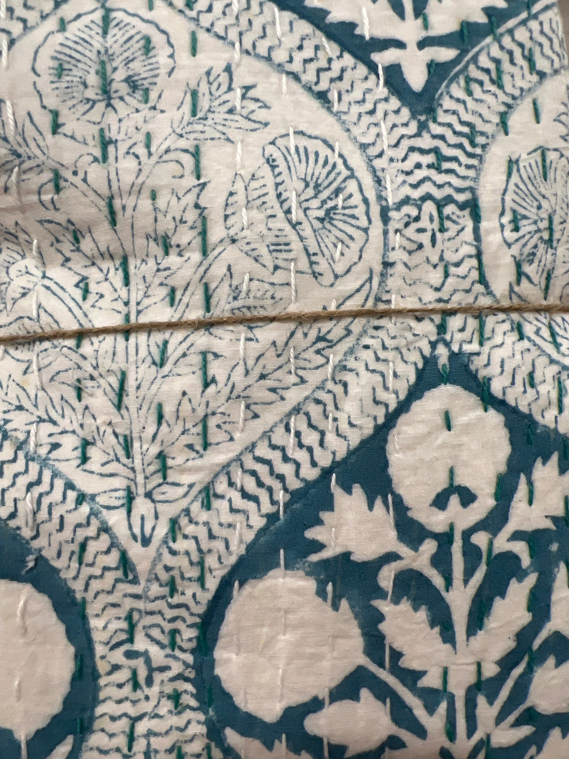 Antique Teal Block Print Cotton Kantha Quilt (Events) by