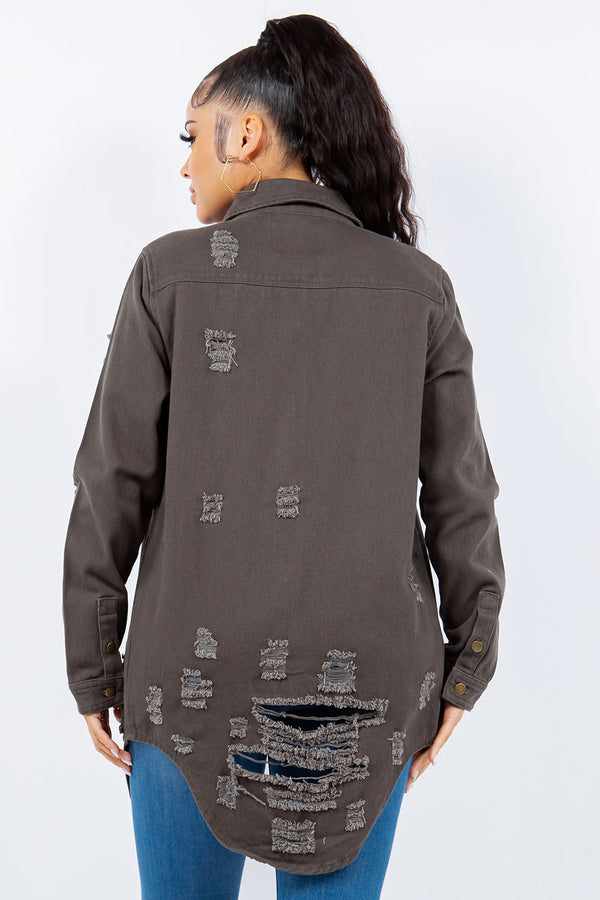 American Bazi Distressed Button Up Long Sleeve Jacket Trendy Buttoned Jacket with Distressed Finish for Women