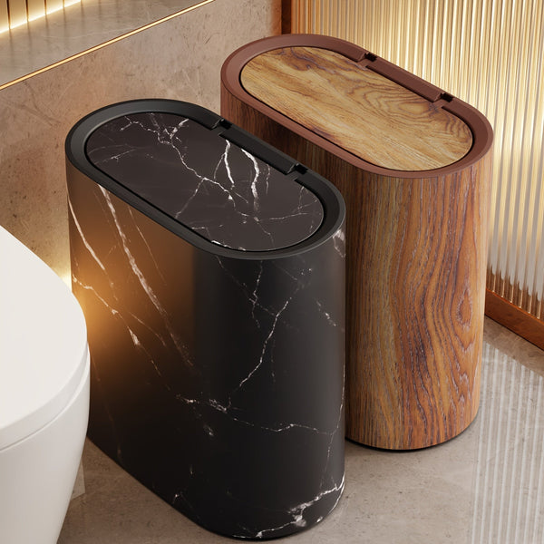 Marble Bathroom Trash Can with Lid Oval Small Kitchen Garbage Bin