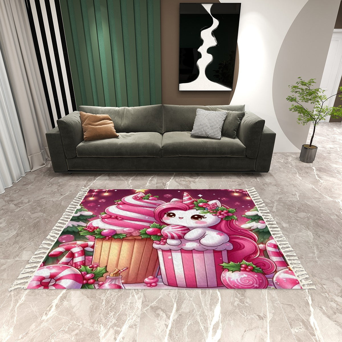 Christmas pink unicorn Area Rug with Tassels (8:5) ChristmasLoving.Shop