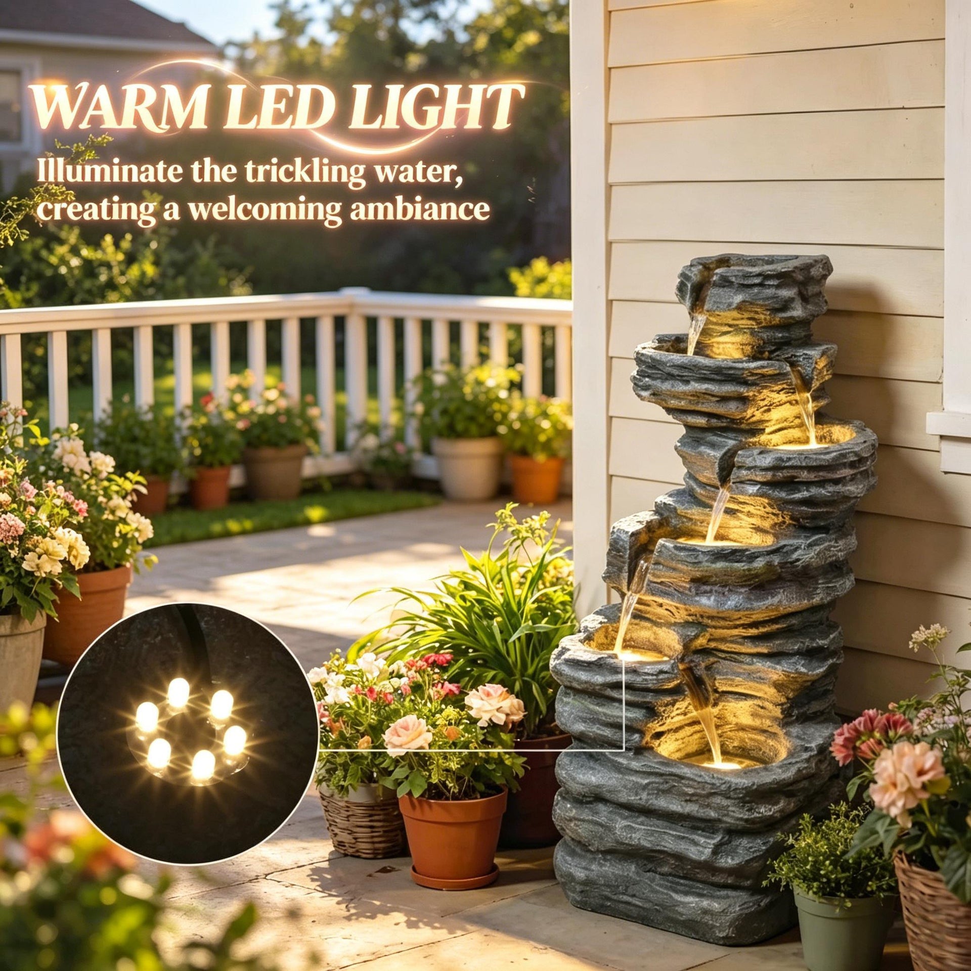 Resin 6 Tier Rock Cascade Outdoor Fountain 40 Inch LED