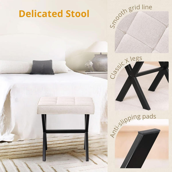 Linen Vanity Ottoman Foot Stool 16.9x12.9x18 Inches