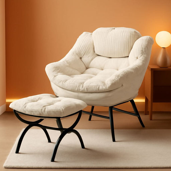 Oversized Corduroy White Reading Chair With Ottoman