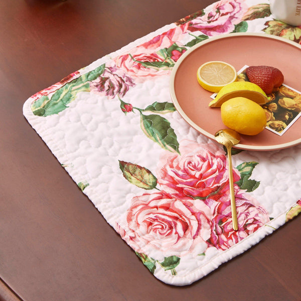 DaDa Bedding Set of 4-Pieces Romantic Roses Pink Floral Quilted Dining Placemats 13” x 19” (879)