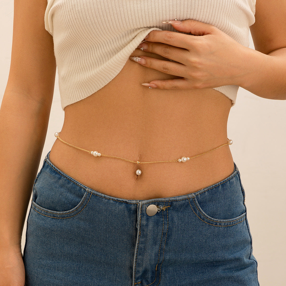 Zircon navel nail body chain sexy imitation pearl tassel chain