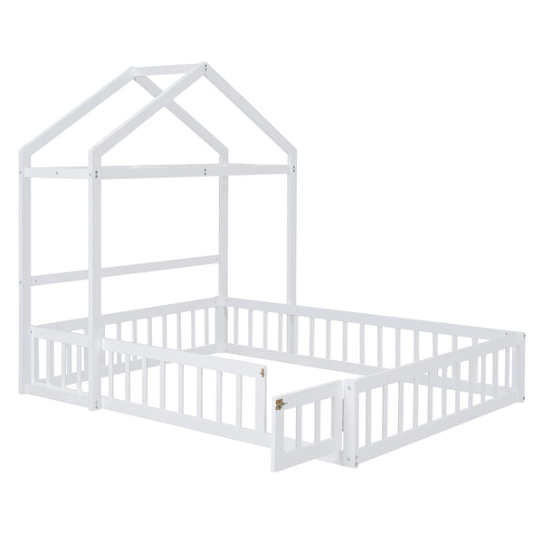 Wooden Full Size Children's Bed with Detachable Headboard and Integrated Clothes Drying Rack, White