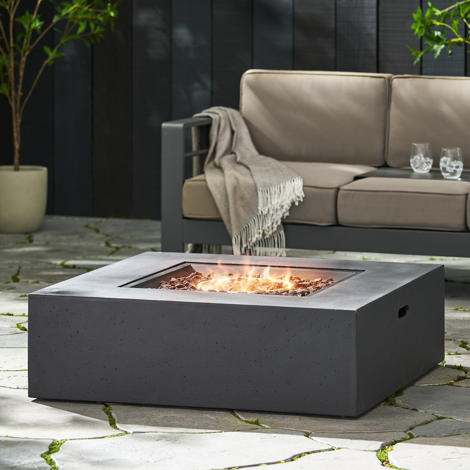 Modern 50,000 BTU Square MgO Fire Table with Propane Tank in Dark Grey