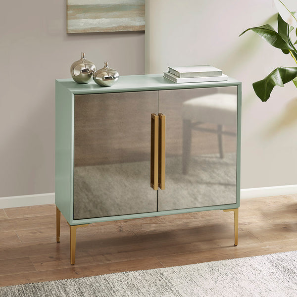 Curry 2 Door Accent Cabinet - Pale Mint Green with Distressed Mirror Doors and Gold Hardware - Gifts for You 'n Me