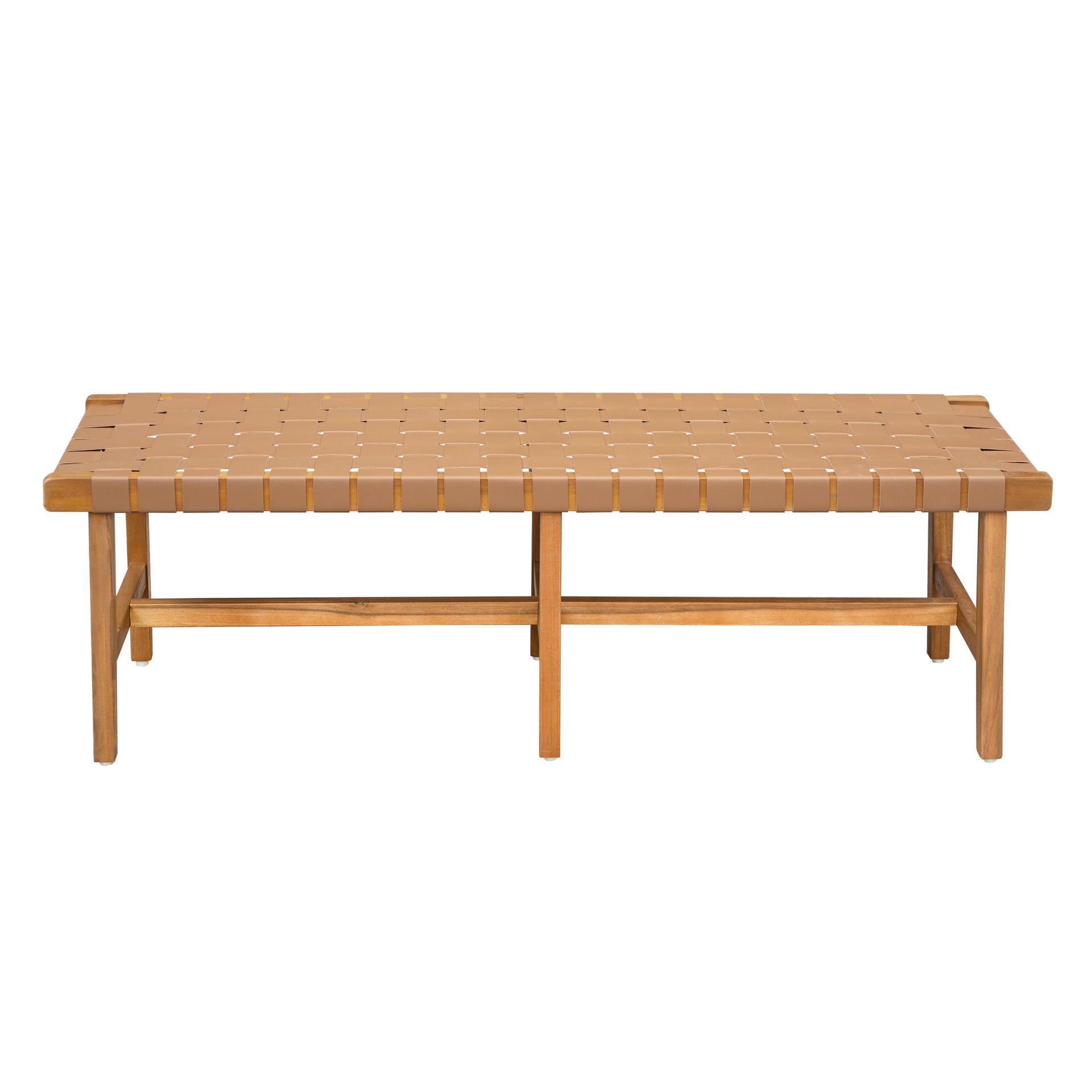 Stylish Acacia Wood Bedroom Bench with Woven PU Leather Seat
