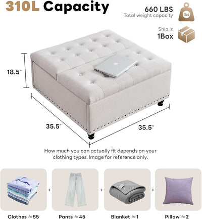 Beige Oversized Storage Ottoman Featuring Lift Top