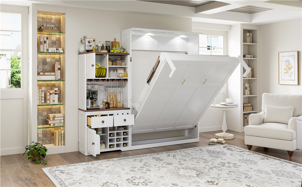 Murphy Bed with Storage Cabinet, Wine Rack, Glass Holder, Drawers & Multi-Color LED Strip
