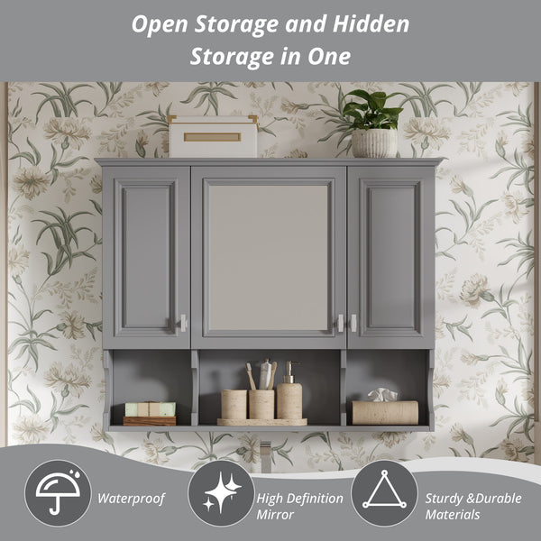Wall Mounted Bathroom Medicine Cabinet with Mirror and Open Shelves, Modern