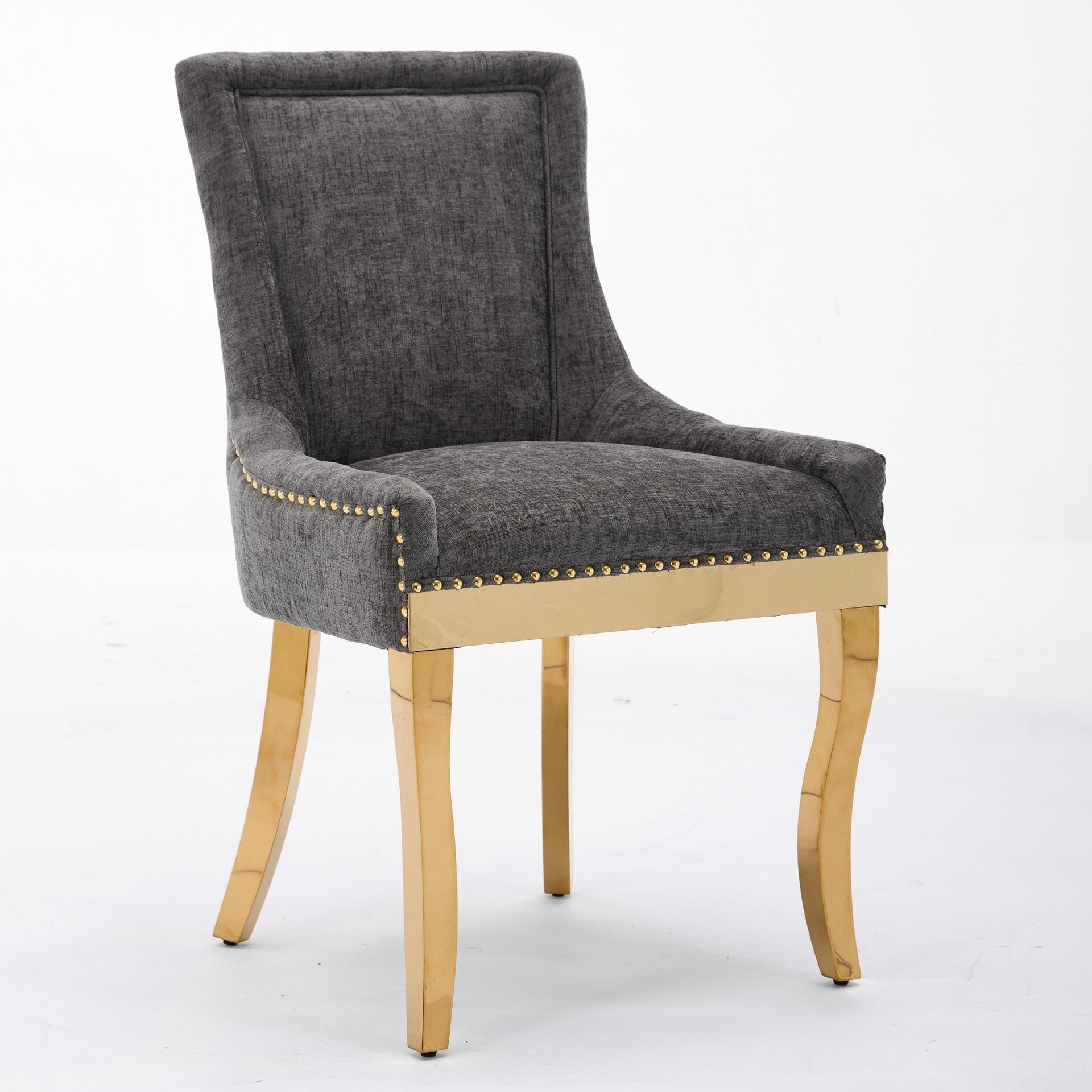 Chenille Dining Chairs Modern Style with Curved Gold-Plated Legs & Rivet Trim