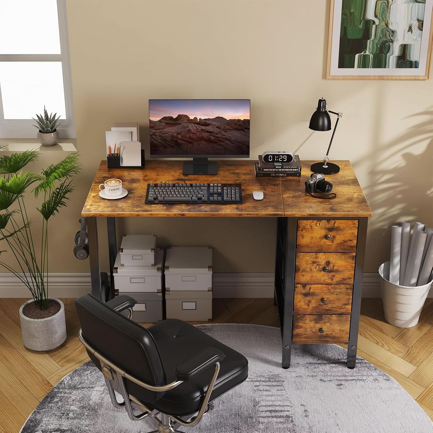 47 Inch Computer Desk With Fabric Drawers Rustic Brown