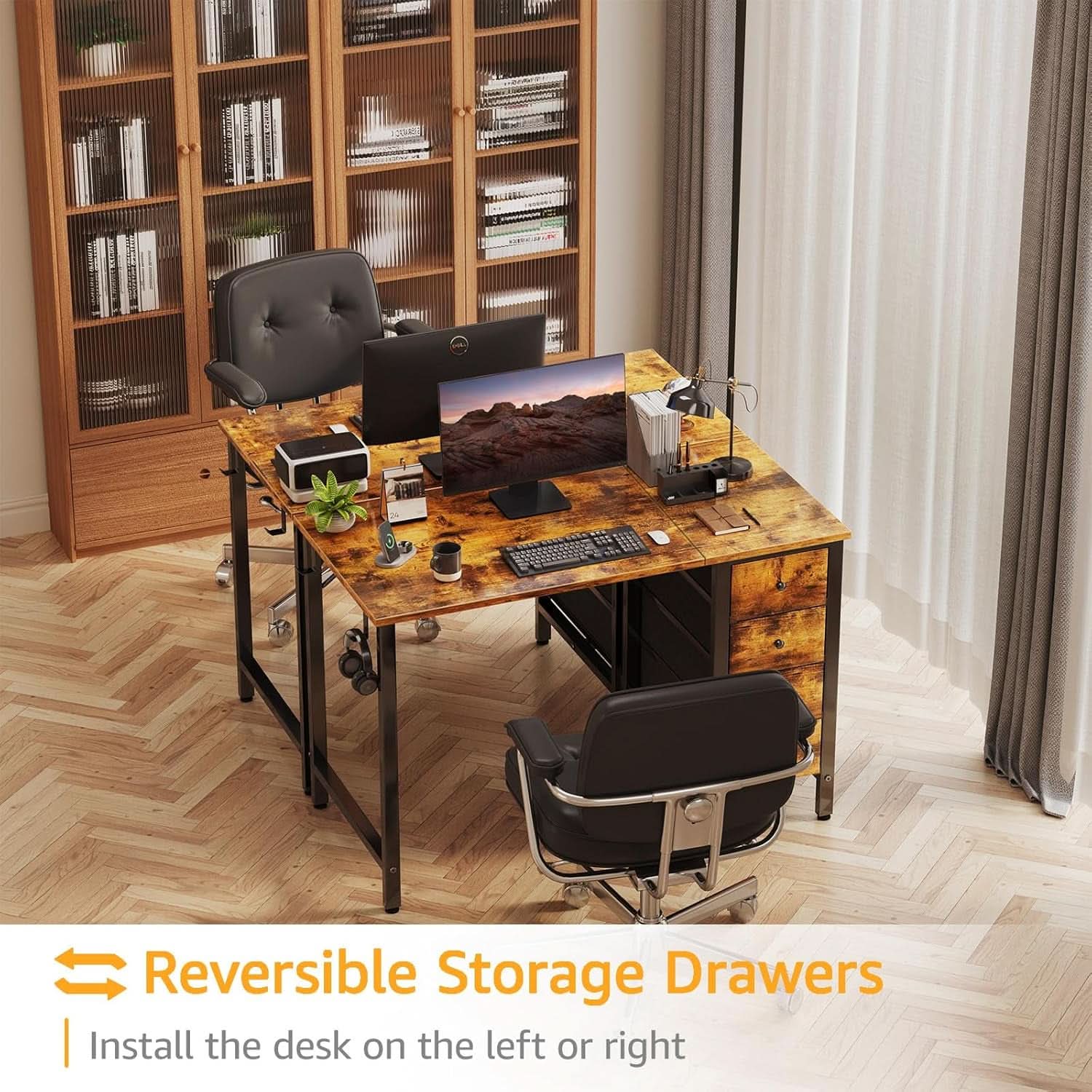 47 Inch Computer Desk With Fabric Drawers Rustic Brown