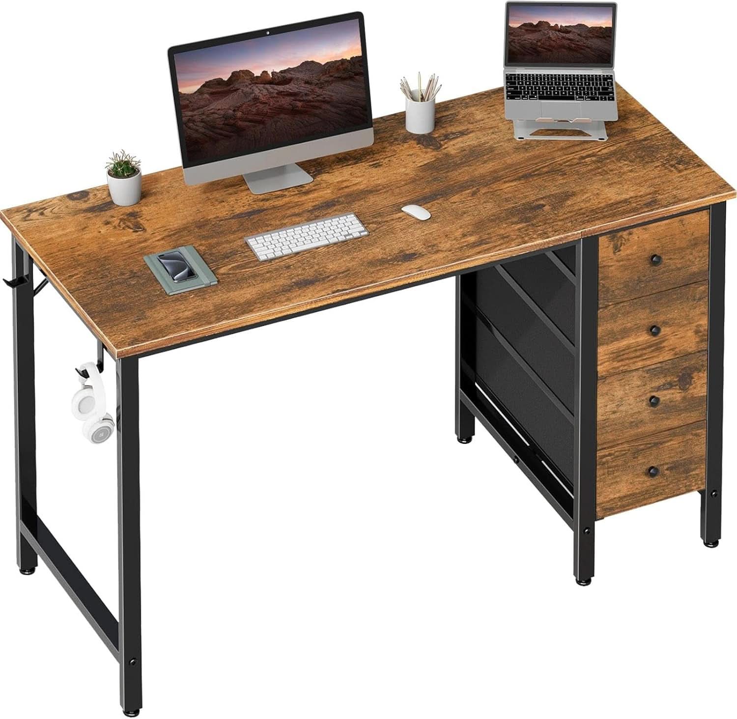 47 Inch Computer Desk With Fabric Drawers Rustic Brown