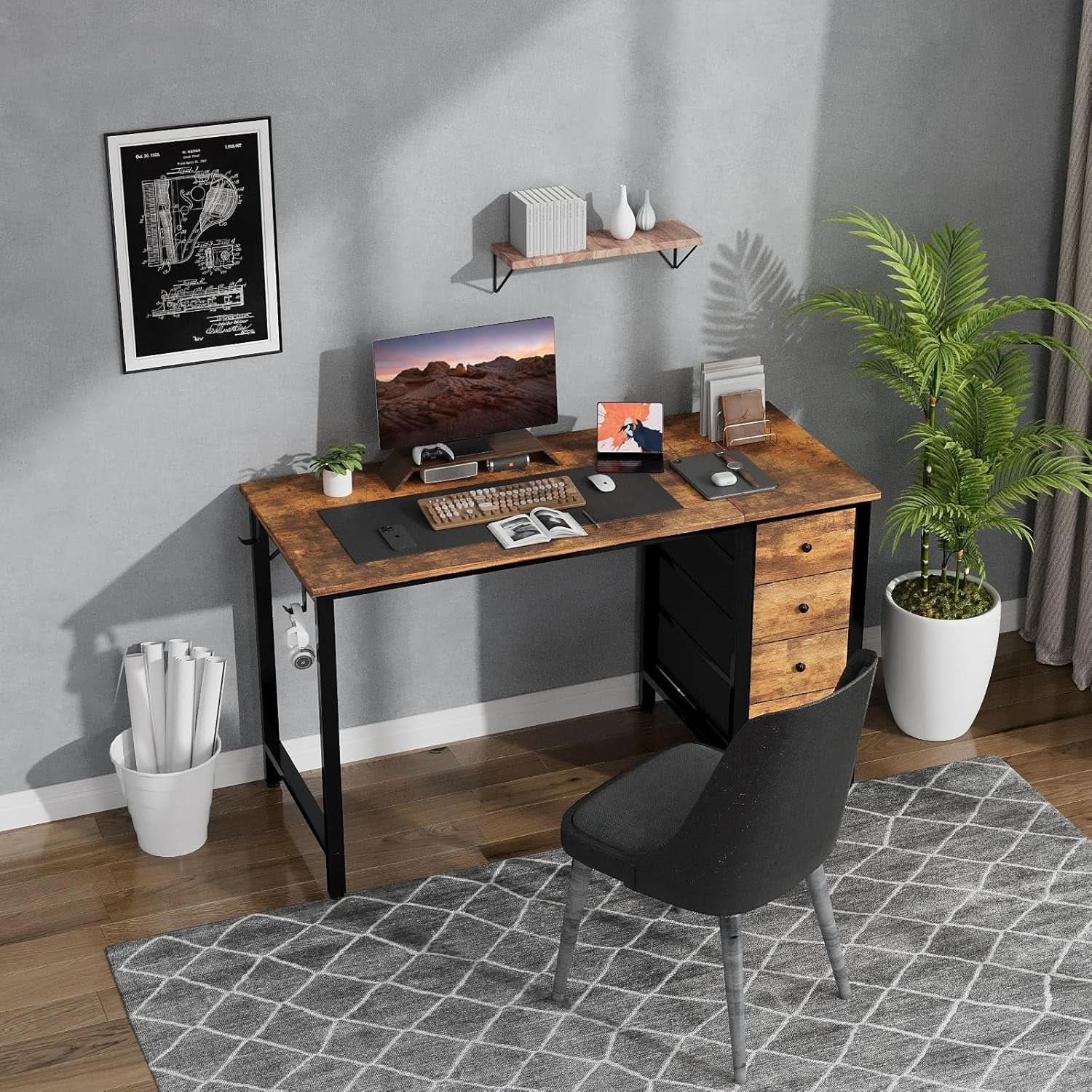 47 Inch Computer Desk With Fabric Drawers Rustic Brown