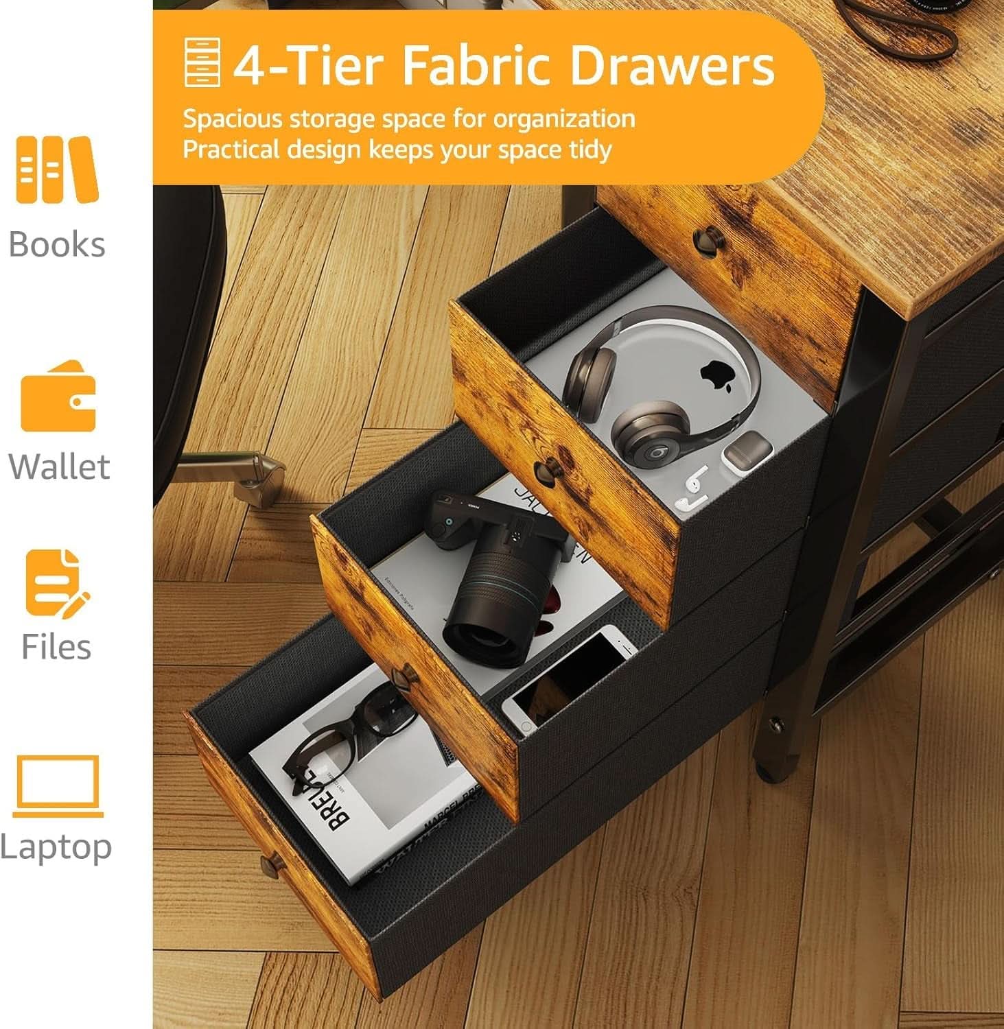 47 Inch Computer Desk With Fabric Drawers Rustic Brown