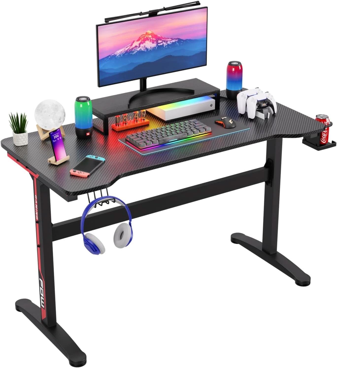 47 Inch T Shaped Gaming Desk With Cup Holder And Headphone Hook