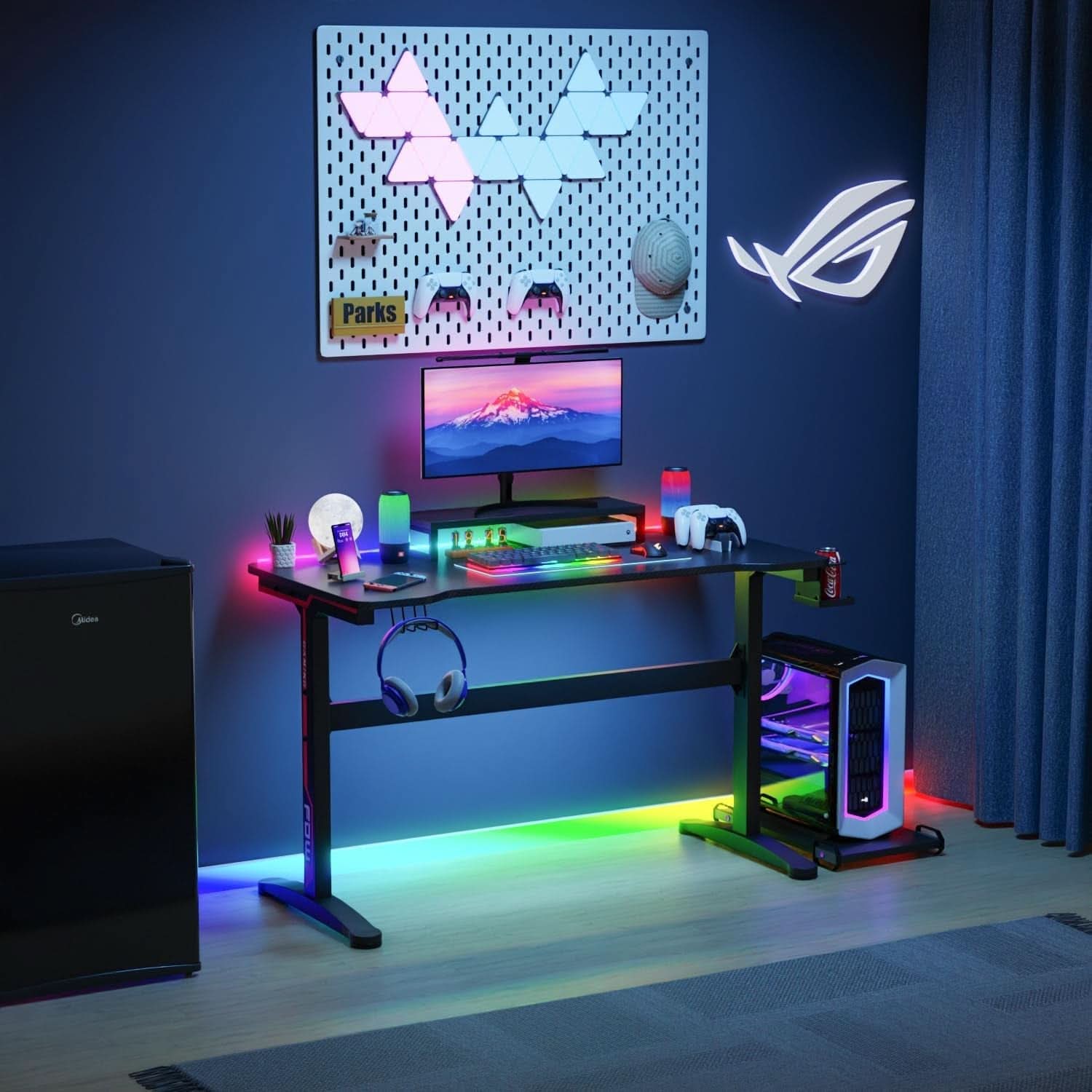 47 Inch T Shaped Gaming Desk With Cup Holder And Headphone Hook
