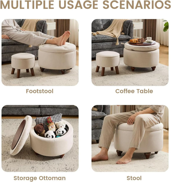 24 Inch Round Khaki Storage Ottoman Removable Top Cover