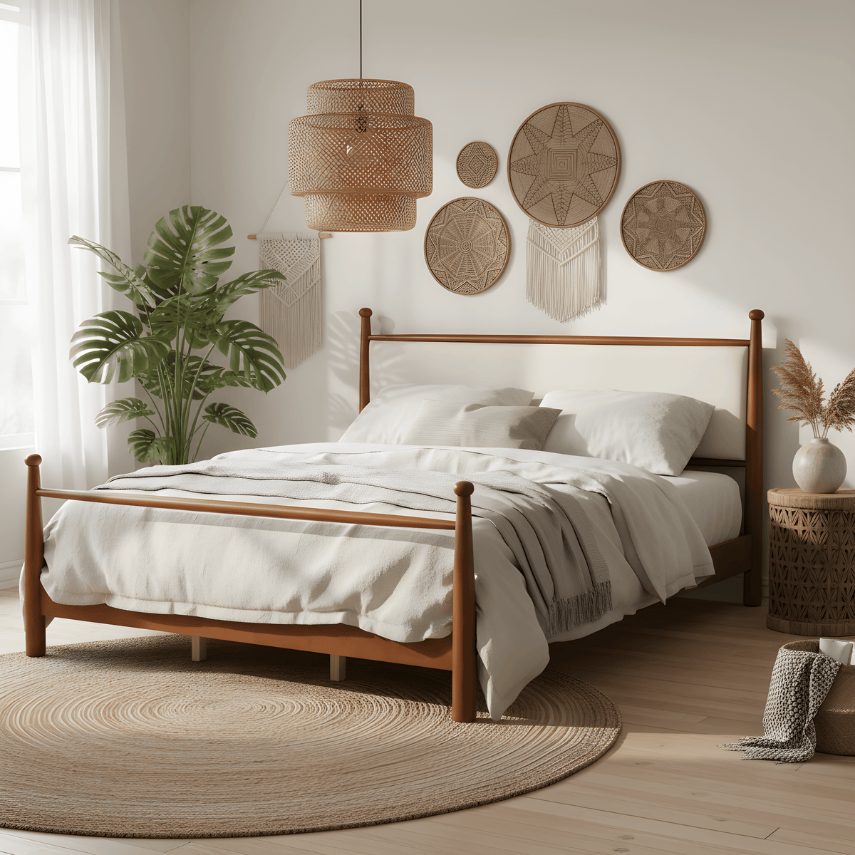 King Size Solid Poplar & Plywood Bed Frame with Upholstered Headboard