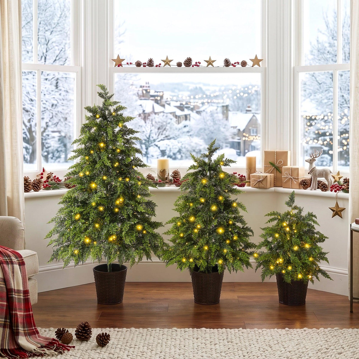 3-Piece Pre-Lit Christmas Tree Set with Warm Lights