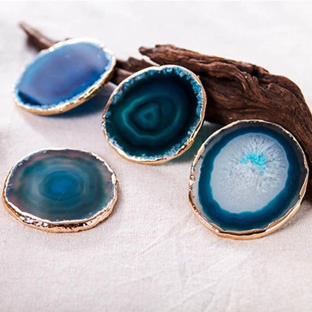 Blue Agate Coaster Set - Handmade Natural Stone Coasters with Gold Edge
