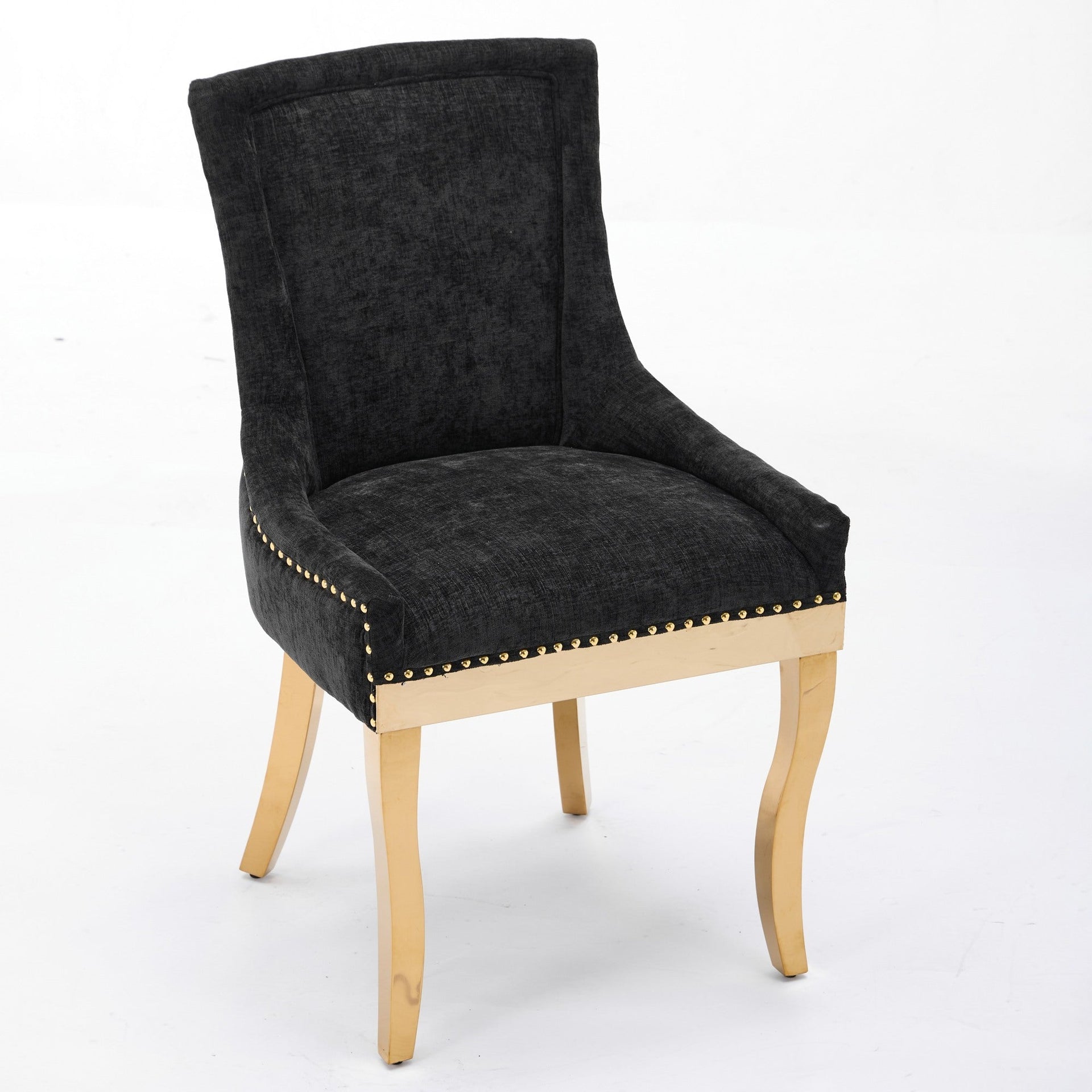 Chenille Dining Chairs Modern Style with Curved Gold-Plated Legs & Rivet Trim